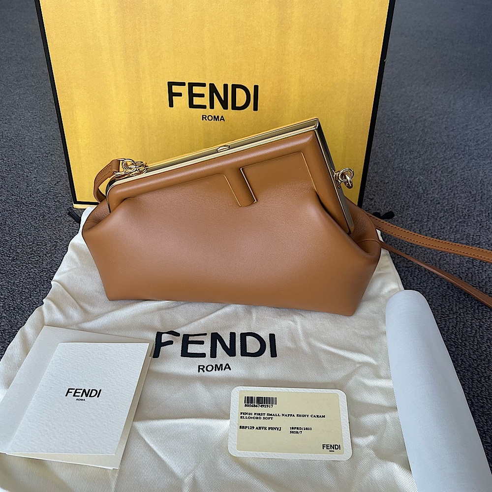 Authentic Fendi first small shiny caramel handbag/clutch